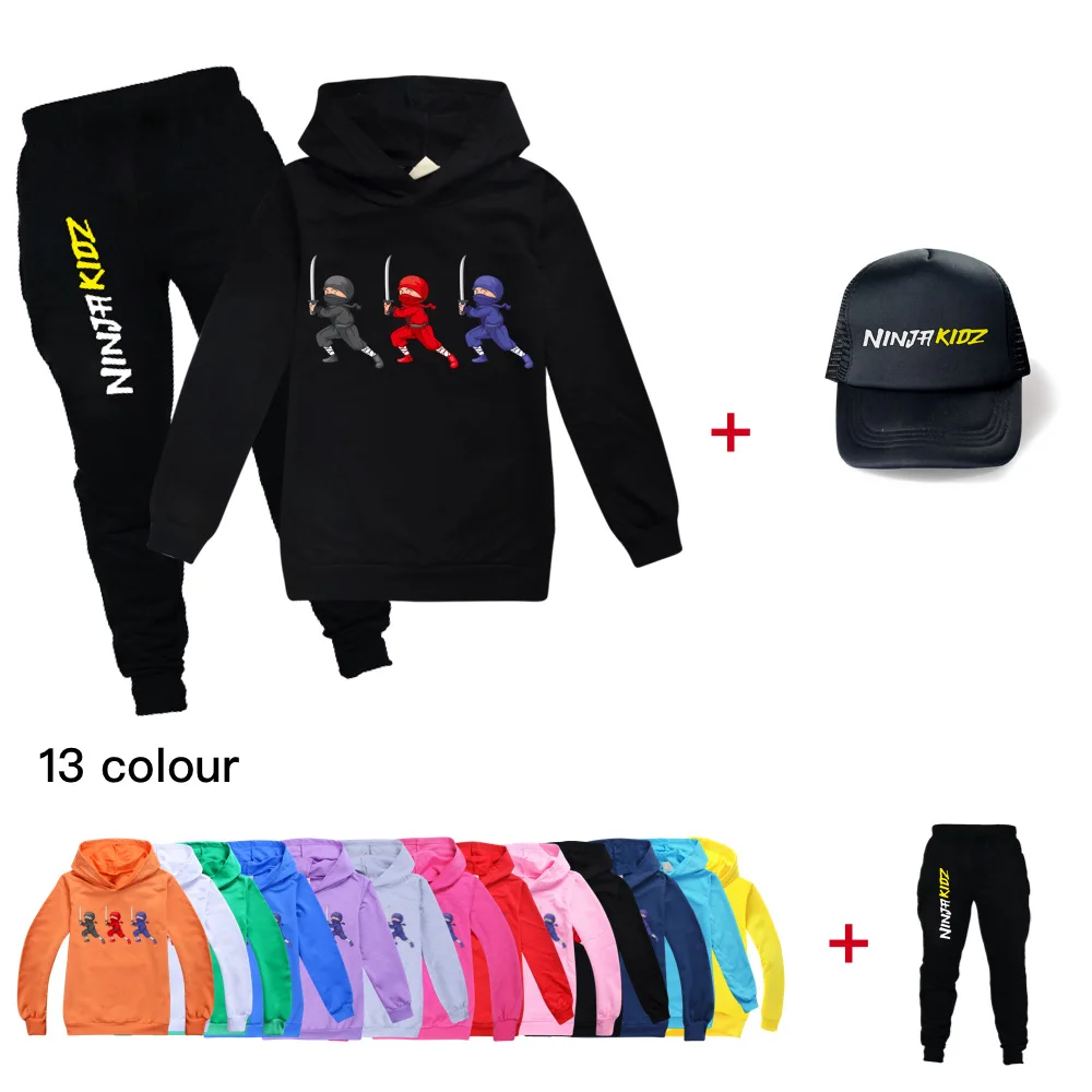 

Kids Clothing Sets 2-16Y Clothes New Spring funny Girls NINJA KIDZ Boy Children Cartoon Print Sweatshirts+Pants+hat Suit
