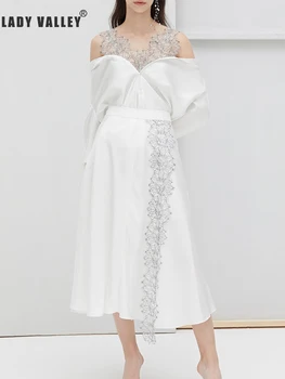 

Catwalk sexy miss shoulder stitching lace shirt two-piece suit ladies spring and summer high waist applique big swing skirt suit