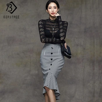 

2020 Spring New Women's Suits Lace Mandarin Collar Hollow Out Blouse Tops And Plaid Skirt Two Piceces Set S9D502S