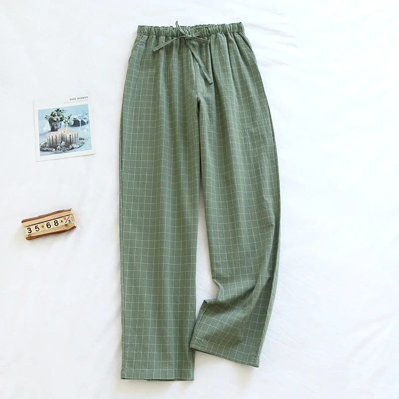 couple Washed Cotton Trousers Thin Men And Women Home Pants Elastic Waist Sleep Bottoms Plaid Lounge Pants Home Sleepwear 2021_ecoleips.com