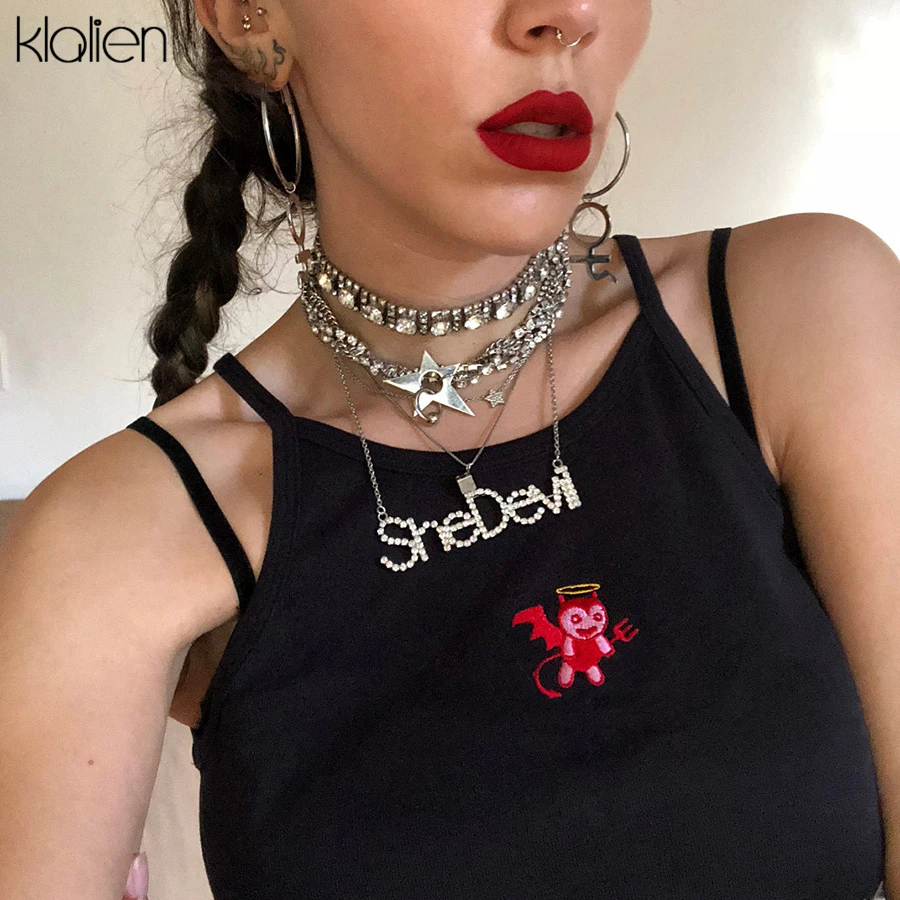 KLALIEN, женские сексуальные топы, вышивка, демон, без рукавов, тонкий, без бретелек, жилет,, летний, Повседневный, модный, эластичный, тянущийся Топ