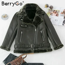 BerryGo шуба из искусственной кожи, женская толстая верхняя одежда, куртка из искусственной кожи,, пояс на молнии, карманы, зимние теплые женские пальто