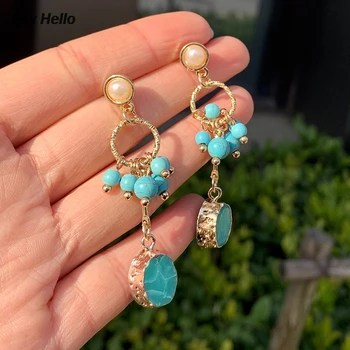 

SAY HELLO Boho Turquoises Dangle Earrings Personality Beaded Gravel Charm Ethnic Alloy Geometric Earrings Jewelry Women D0507