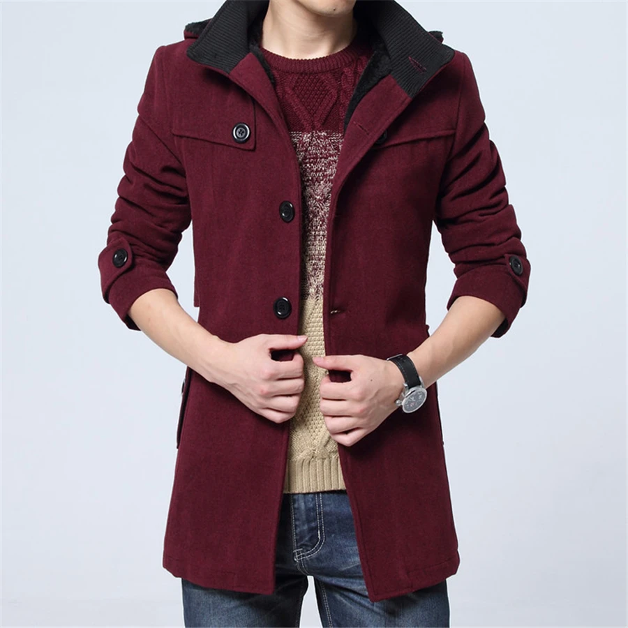 Мужские тонкие длинные куртки, зимнее бархатное толстое теплое пальто, Мужской Повседневный шерстяной Тренч, Мужское пальто, 4XL шерстяная ветрозащитная куртка - Цвет: Wine Red