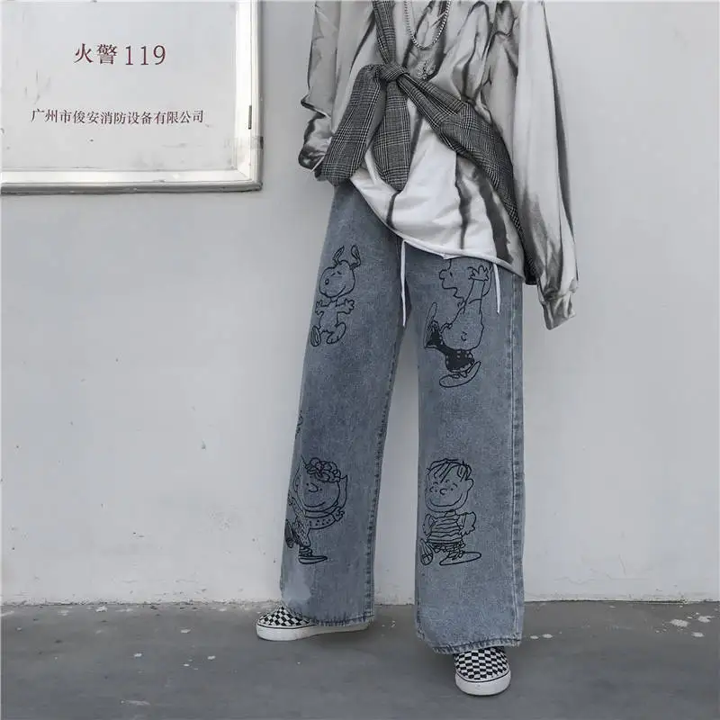 

Retro cartoon print straight leg wide pants baggy jeans wide waist pants