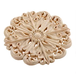 1pc Round Solid Wood Carving Decal Unpainted Disc Unpainted Flower Onlay Decor Door Furniture Old European Single-sided 10cm