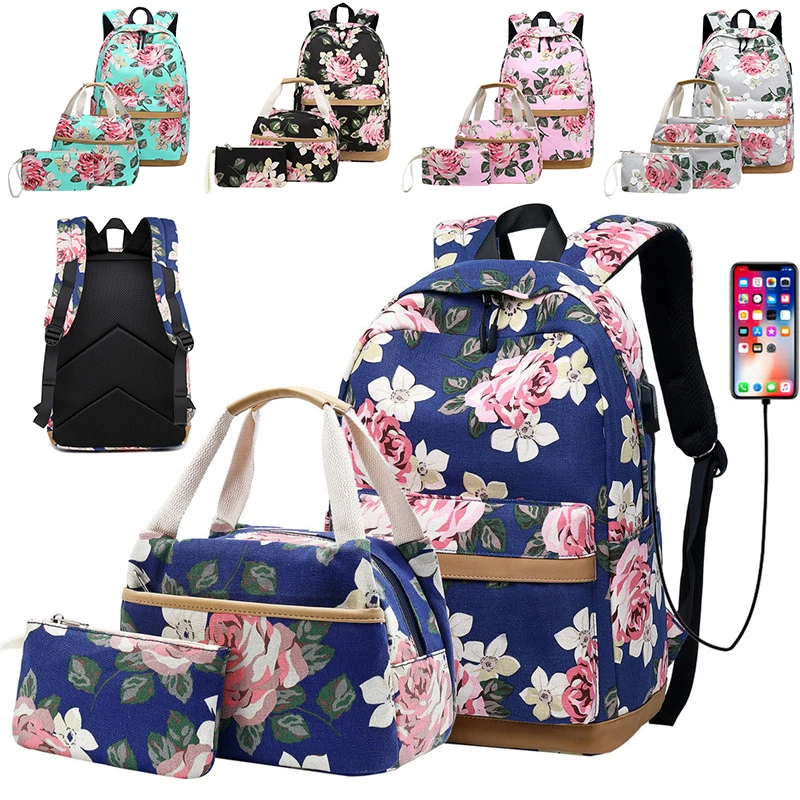 

3Pcs Teen Girls School Backpack Lunch Bag Wallets Coin Purse Lightweight Travel Floral Canvas School Backpack Zipper Bookbags