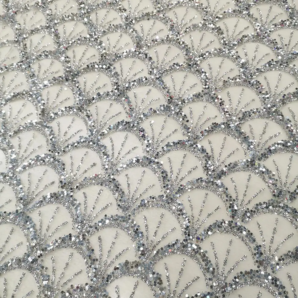 

Luxury Navy Blue Shining Glued Glitter Mesh Lace For Party Dress Women Nigerian Silver Sequins Tulle Fabric Custom Cloth Texiles