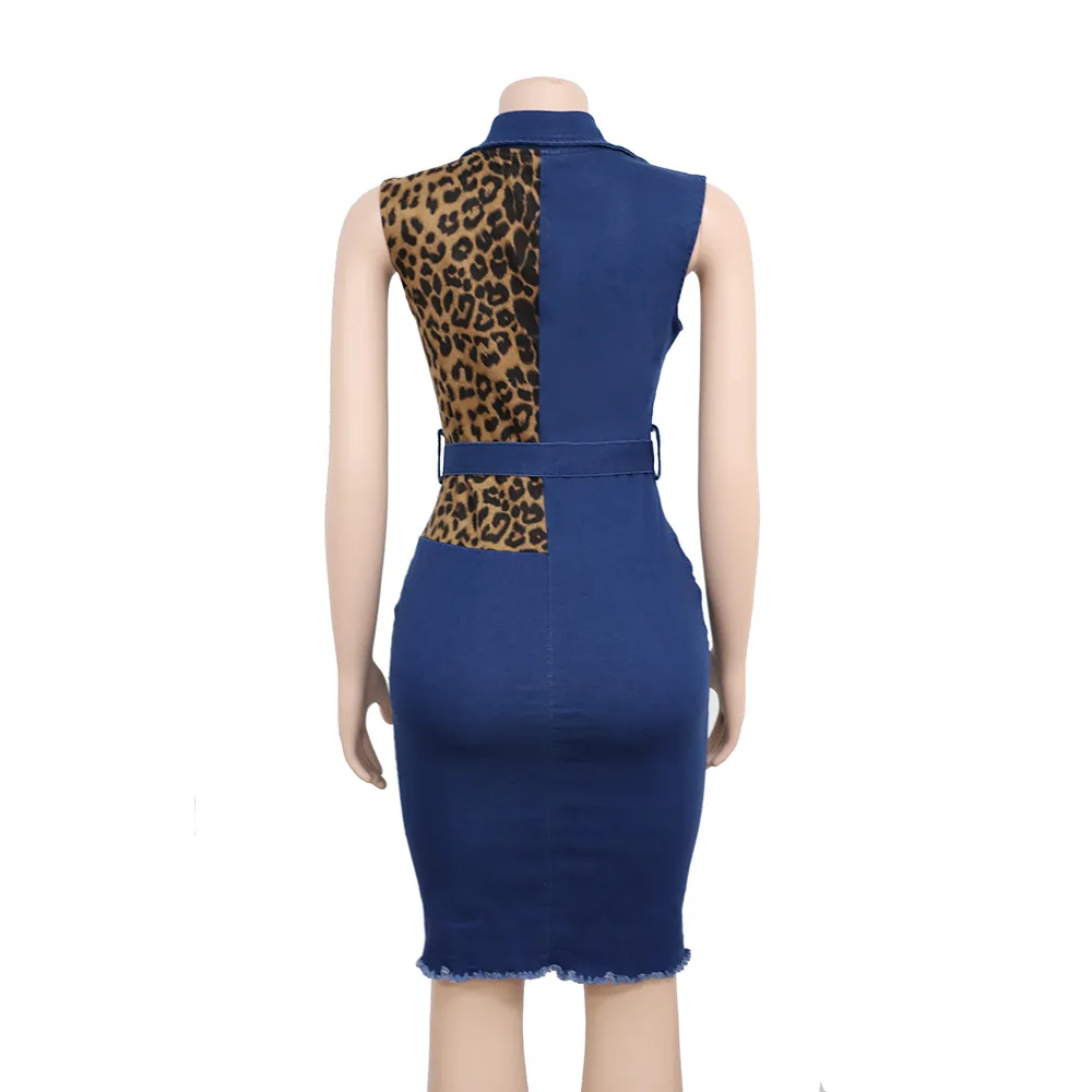 Yooneedi осеннее дизайнерское Сексуальное Женское джинсовое платье пэчворк Леопардовый отложной воротник дамы миди платье(с поясом) XL98025-1