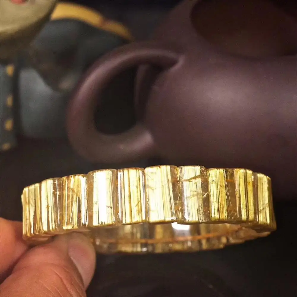 

Genuine Natural Brazil Gold Rutilated Titanium Quartz Bracelet Crystal 14x6mm Woman Man Wealthy Rectangle Beads Bracelet Bangle