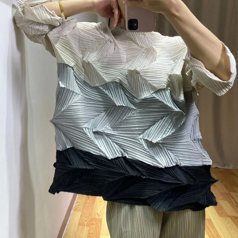 Changpleat весна лето новые женские топы футболки Miyak плиссированные Модные свободные большие размеры 3/4 рукав Лоскутная женская футболка