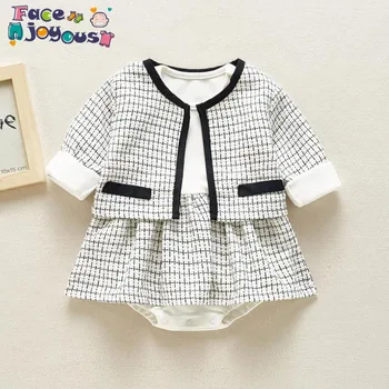 

2020 Spring Girl Long Sleeve Plaid Cardigan + Romper Baby Clothing Suit Girls Coat + Dress 2pcs Newborn Baby Clothes Set