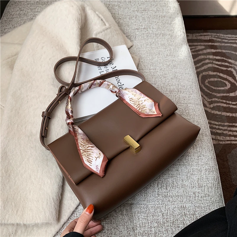 

Burminsa Vintage Scarf Shoulder Bags For Women Large Capacity Ladies Messenger Bags High Quality PU Leather Handbags Winter 2020