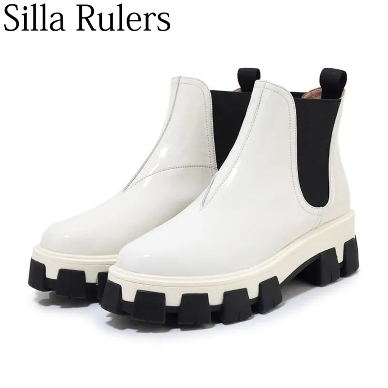 

2019 Runway Thick Bottom Ankle Boots Woman Round Toe Slip On Chelsea Boots Woman Flat Heel Roman Boots Woman Zapatos De Mujer