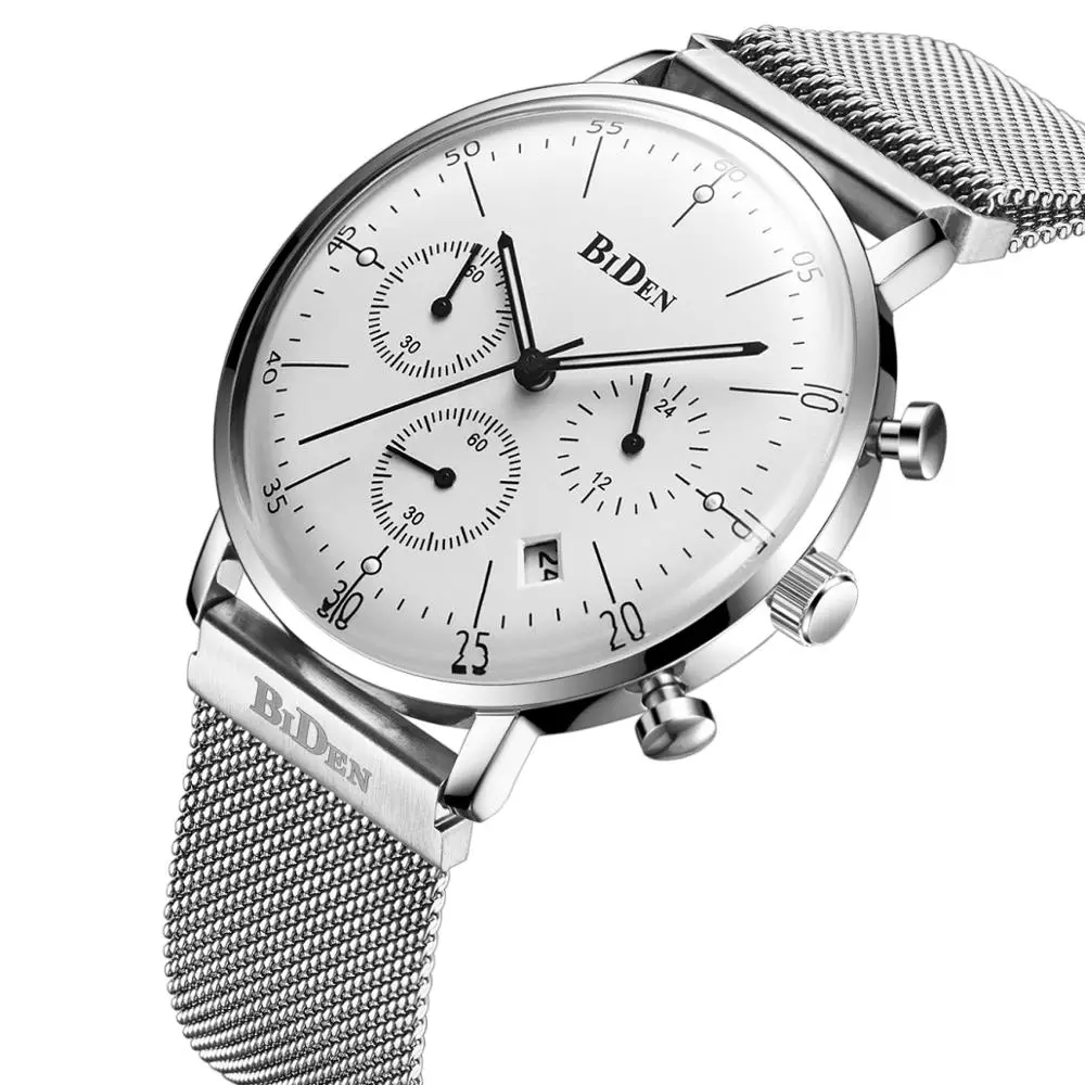 

BIDEN Newest Men Watches 2019 Trendy Casual White Date Male Quartz Wristwatch Stainless Steel Chronograph Fashion Man Clock Gift