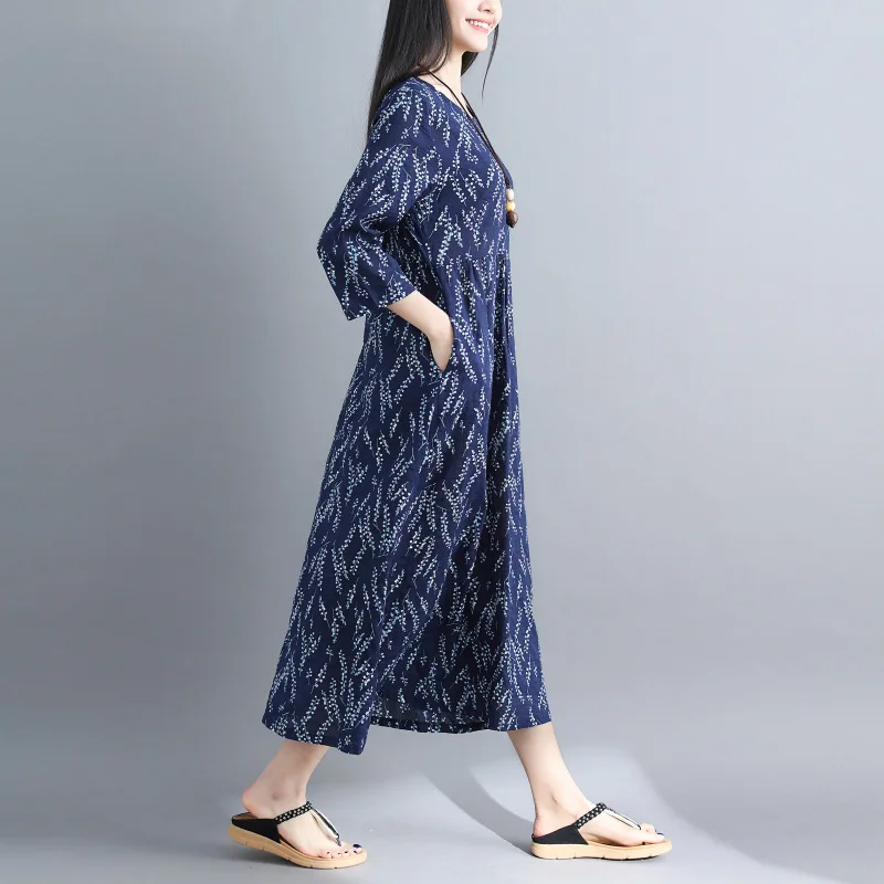 

2018 Summer New Style Retro High-waisted Printed Large Size Dress Loose-Fit Big Hemline Dress Three-quarter-length Sleeve Flax L