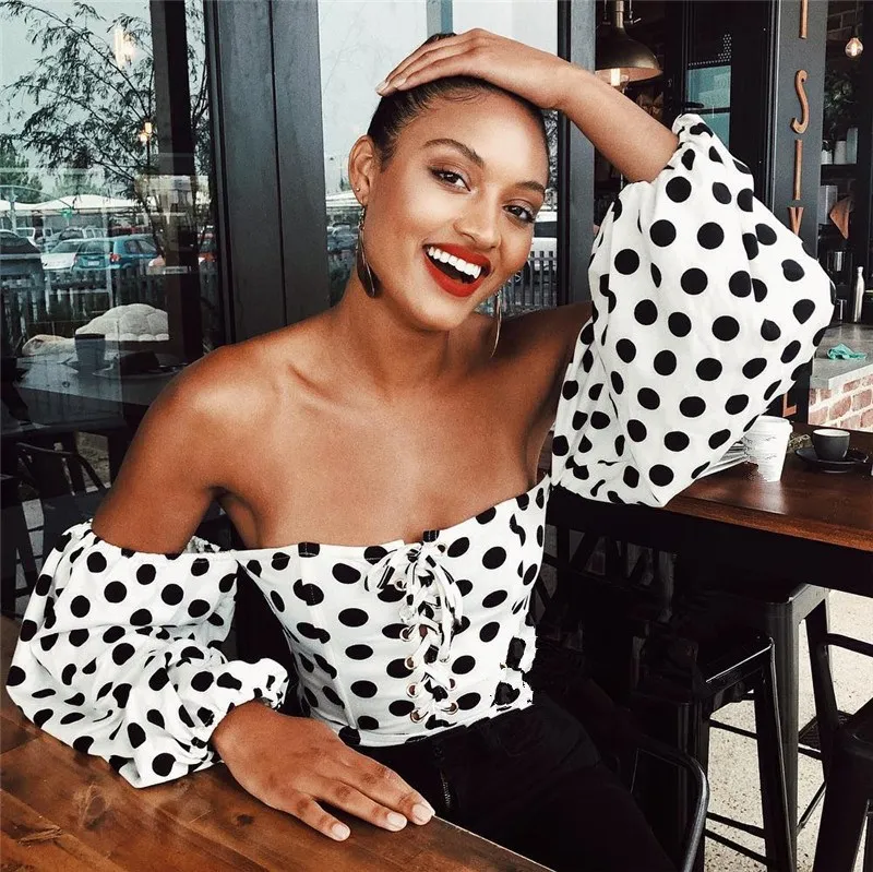 

2019 Autumn Off Shoulder Puff Sleeve Sexy Bodysuit Women Elegant Slash Neck Lace Up Silm Polka Dot Romper