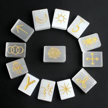 

13pcs Natural Crystal Selenite Engraved Gypsy Symbol Witches Rune Set Palm Stone for Healing Runes Stone Meditation Divination