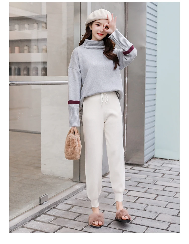 Knitted Harem Pants Women Drawstring Skinny Pants Mid Waist Trousers Pockets Knitted Striped Sweatpants Pantalon Femme 7285 50