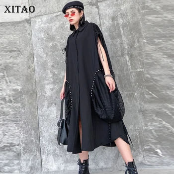

XITAO Retro Hong Kong Design Dress Black Hollow Out Patchwork Rivet Big Pocket Fashion Women Clothes 2020 Spring Dress GCC3395
