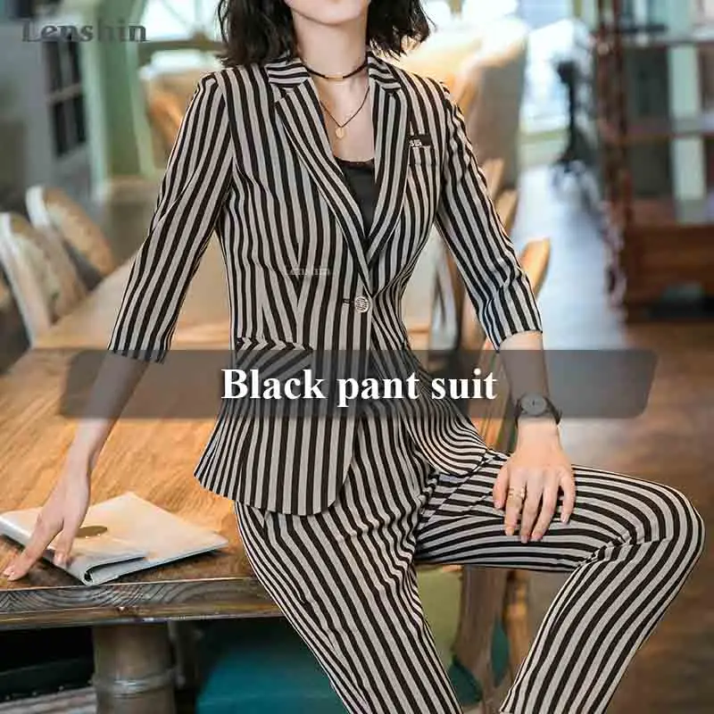Lenshin, одежда для Женский комплект 2 шт., модный элегантный полосатый Блейзер и штаны, офисный стиль, формальная форма - Цвет: Black Pant Suits