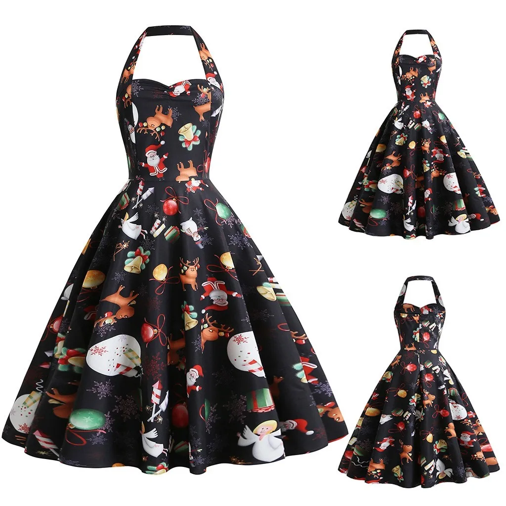 Superb Ladies Dresses Christmas Dress Vintage Clothes Women's Dress Retro Santa Claus Print Dress vestidos de fiesta de noche