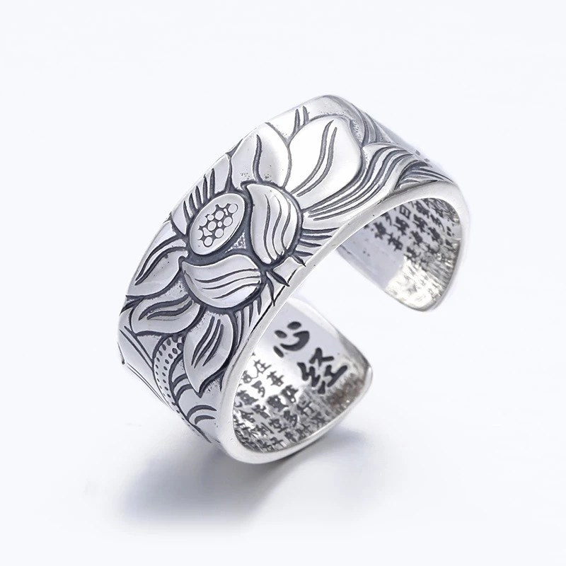 

Sterling Silver S925 Retro Open Buddhist Couple Six-character Mantra Lotus Thai Silver Men and Women Ring Jewelry Halloween