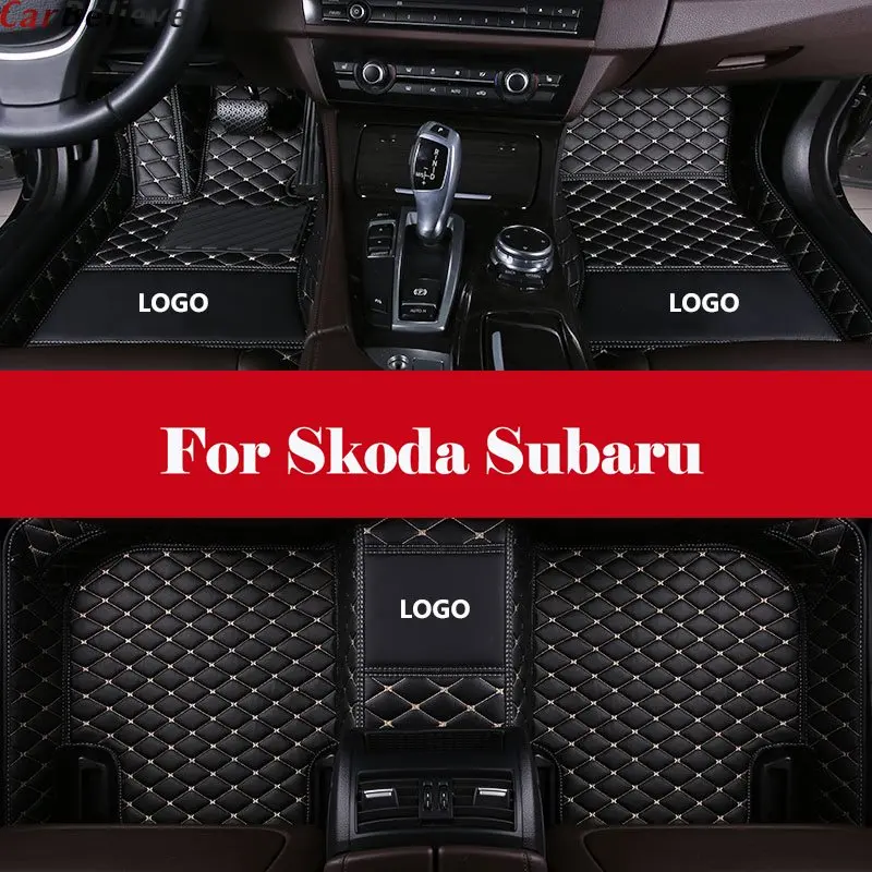 

Car Floor Mats Carpet Leather Floorliner Water&Dust-Proof Protector Floor Mats Waterproof Mat+LOGO For Skoda Subaru