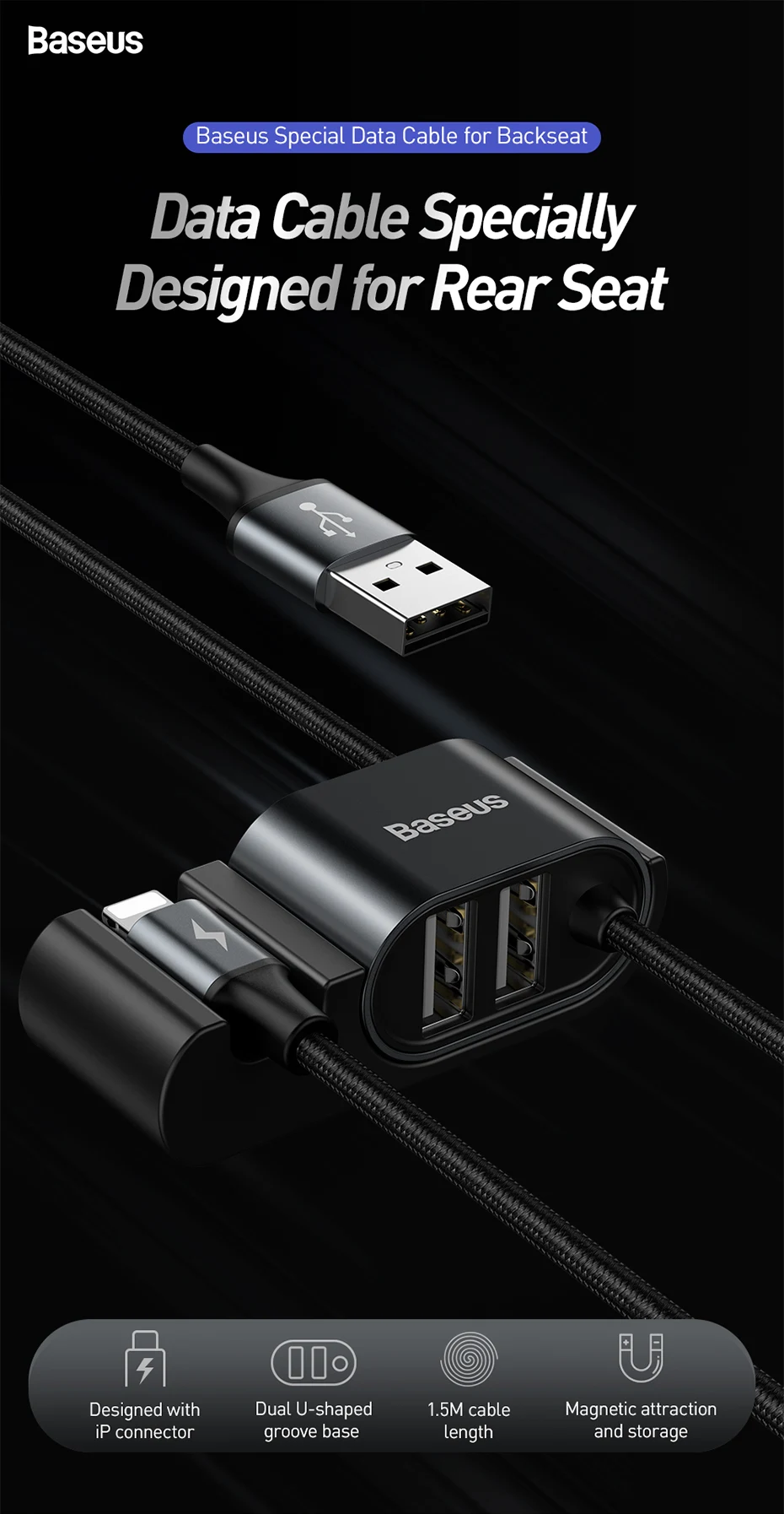 Usb-кабель Baseus с двойным зарядным устройством USB для iPhone Xs Max XR X 8 7 6s Plus, автомобильный usb-кабель для зарядки заднего сиденья, кабель для передачи данных