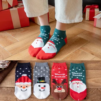 

4 Pairs Winter Sock Women Thicken Warm Cotton Casual Ankle Socks Short Fashion Cartoon Soft Cute Girl Merry Christmas Elk Gift