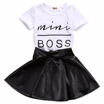 

2020 Fashion Casual Summer 2PCS Newborn Infant Baby Girls Short Sleeve O-Neck Pullover Letter White T-Shirt Leather A-Lin Skirts