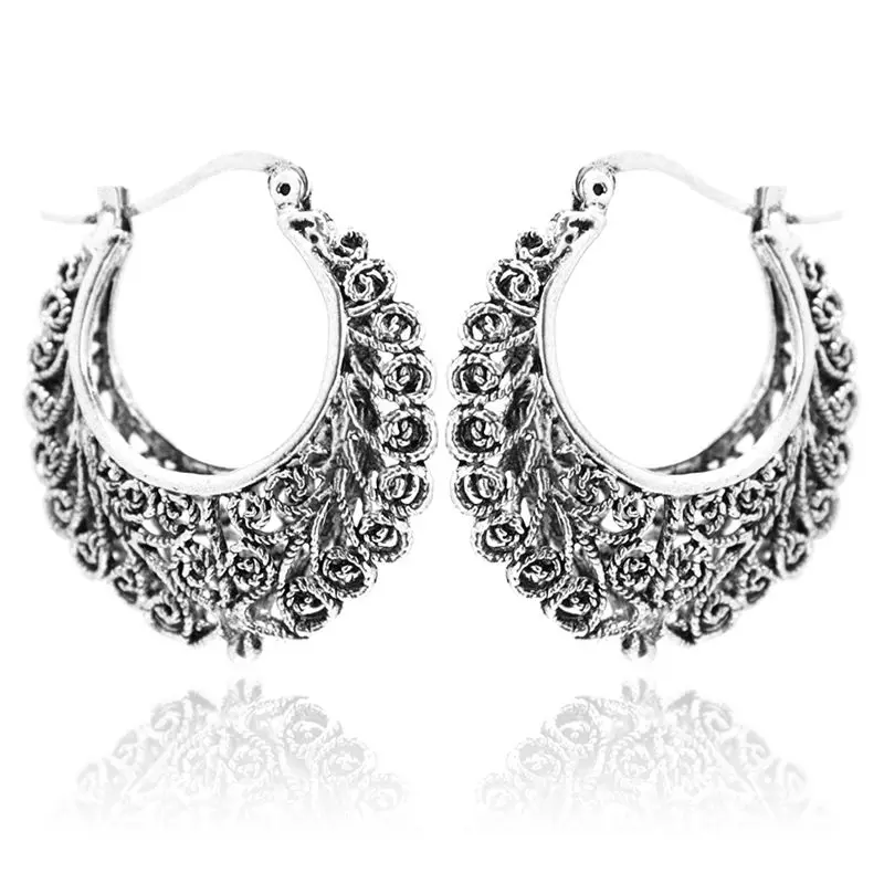 Dreamlike Earrings Ethno Gross Decorated Bohemian Vintage Tibet Long Hanging Round Hoop Wide Antique Style Sil | Украшения и