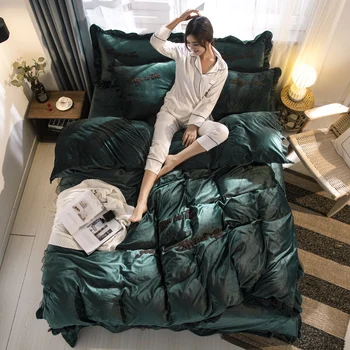 

Brief Style Crystal Velvet 4PCS Bedding Sets Bed Duvet Cover Bed Flat Fitted Bed Sheet Pillowcase Solid Dark Green Yellow Grey