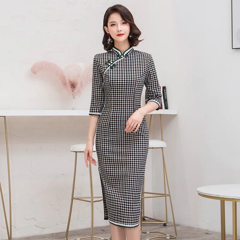 Модное Платье До Колена Cheongsam в китайском стиле с воротником-стойкой, женское весеннее платье из полиэстера Qipao, тонкое вечернее платье Vestido M-3XL