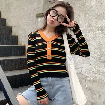 

Women Autumn Winter Fashion Knit Shirt Stripe Long-sleeved V-neck Casual Sweater