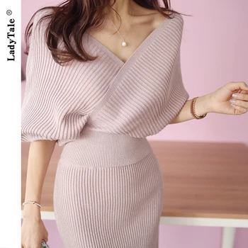 

LadyTale Knitted Sweater Skirt And Top Set Women Winter Lantern Sleeve Knee-Length Skirt Two Piece Set Women Solid Woman Clothes