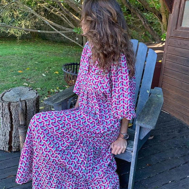 Autumn Fashion Half Sleeve Women Loose Dress Casual Printed Vintage Long Dresses Elegant V Neck Drawstring Party Dress Vestidos plus size wedding dresses