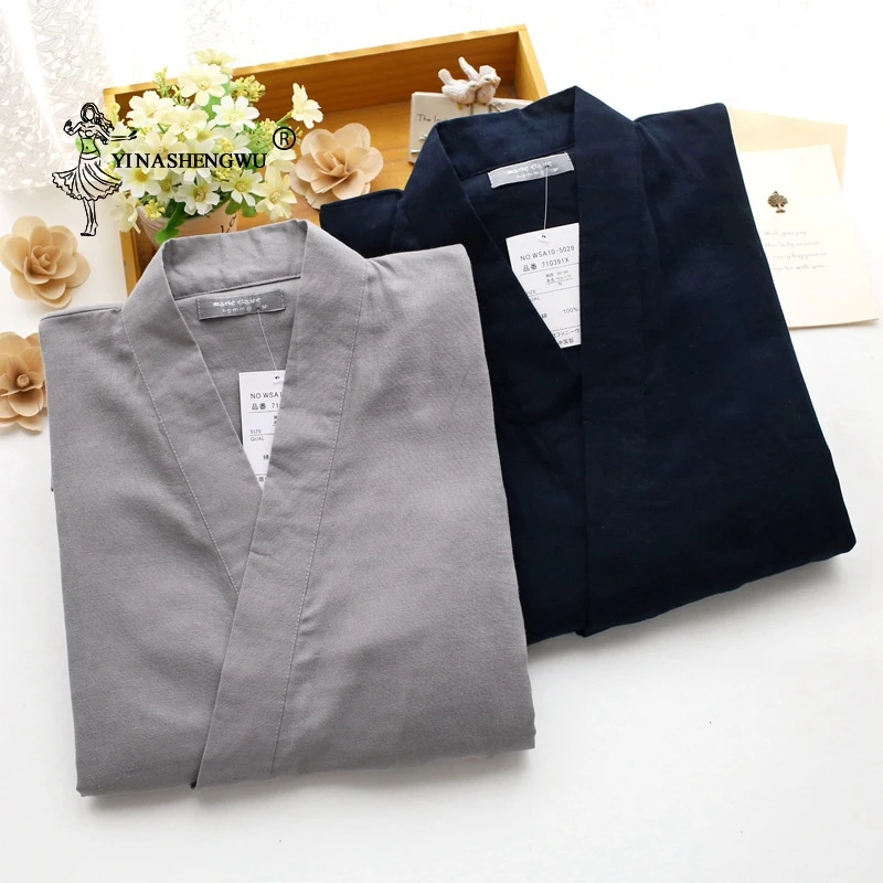 Japanese Men Kimono Cardigan Traditional Pajamas Set Cotton Simple Kimono Yukata Nightgown Bathrobe Casual Comfortable Homewear