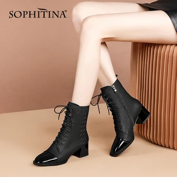 

SOPHITINA Women Boots New Fashion Elegant Genuine Leather High Quality Ankle Boots Zipper Lace Up Thick Heel Women Shoes SO698