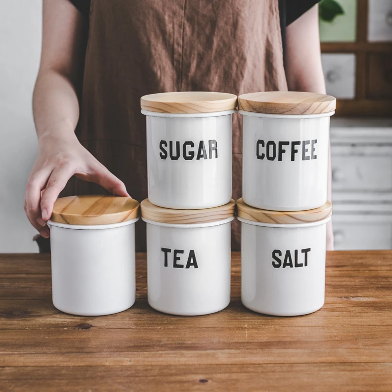 

Porcelain enamel flanging sealed pot circular large capacity household food storage tank tea coffee sugar salt storage box