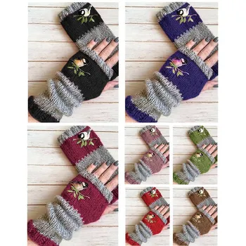 

Cute Warm Stitching Embroidery Exposed Finger Women's Gloves Winter Autumn Knitted For Women Fingerless Gloves Wrist Mittens