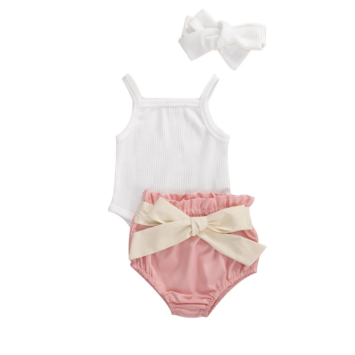 

0-24M Newborn Baby Sweet Style Sleeveless Sling Halter Romper + Solid Bow Shorts + Headwear Baby Girl Sets