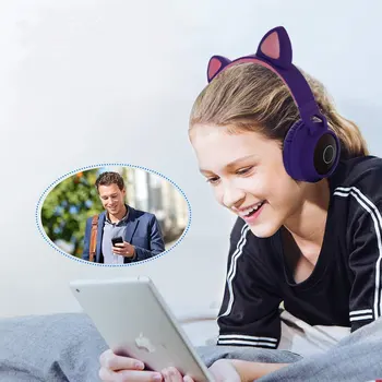

tebe Bluetooth LED Light Earphones Wireless Cat Ear Glowing Headphone Handsfree Headset Gaming Earphone With Mic Support TF Card