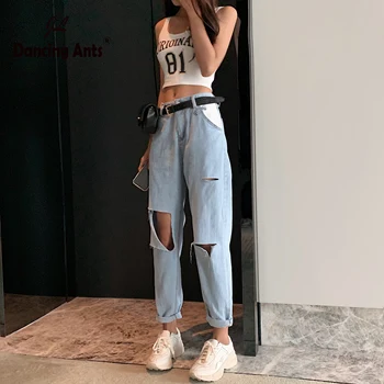 

Woman Jeans High Waist Loose Hole Harem Pants Korean Style Solid Cuffs Pockets Casual Female Denim Trousers INS Hot 2020 Fashion