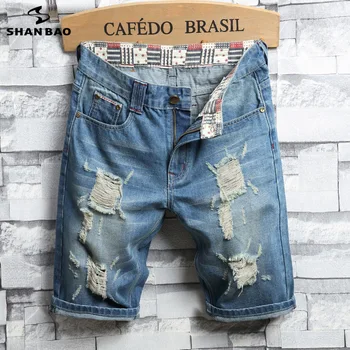 

SHANBAO Men's summer thin denim shorts 2020 new brand trend hole Moustache Effect designer fashion straight blue denim shorts