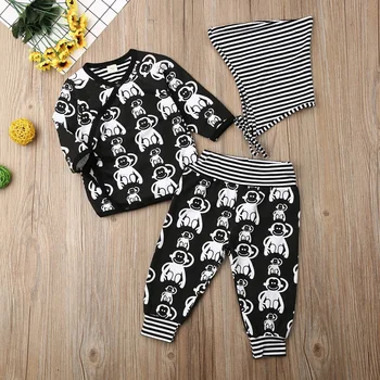 

Baby Boys Girls Clothes Set 2019 Toddler Newborn Infant Monkey Striped Animal Black Top T-shirt Pants Hat Clothing 3Pcs Outfit