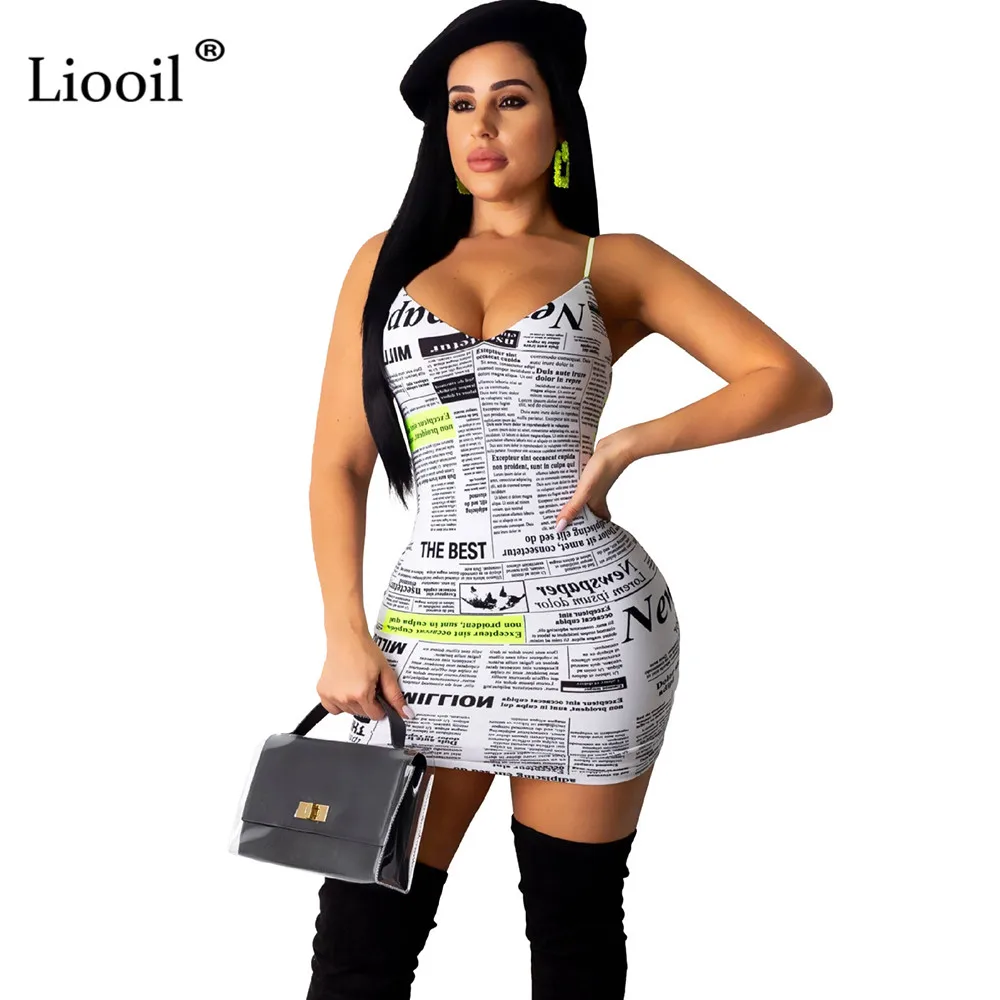Liooil газетное сексуальное Белое Облегающее мини-платье без рукавов с v-образным вырезом газетный принт облегающие короткие платья женские вечерние ночной клуб