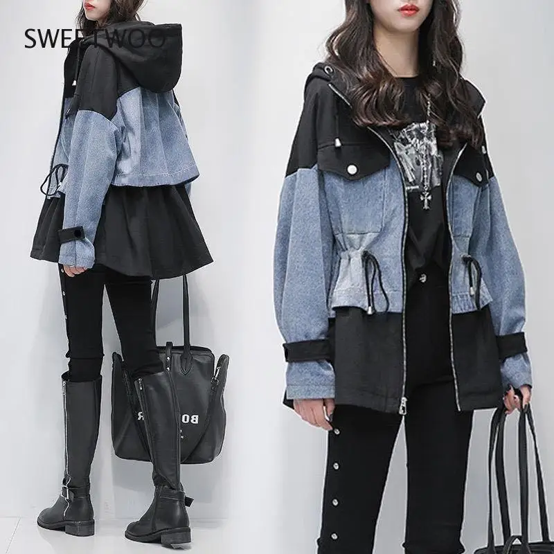 Windbreaker Women's Long Autumn 2021 New Korean Loose Stitching Small Denim Jacket Sexy Women Jackets V-Neck Regular Solid 2021 best regular air conditioner camping hot air car heater 24v 4kw 12v parking heater