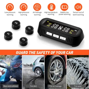 

Car Tire Pressure Monitoring System Solar Car TPMS USB Charging Digital LED ScreenReal-time Voice Alarm with 4 External Sensors