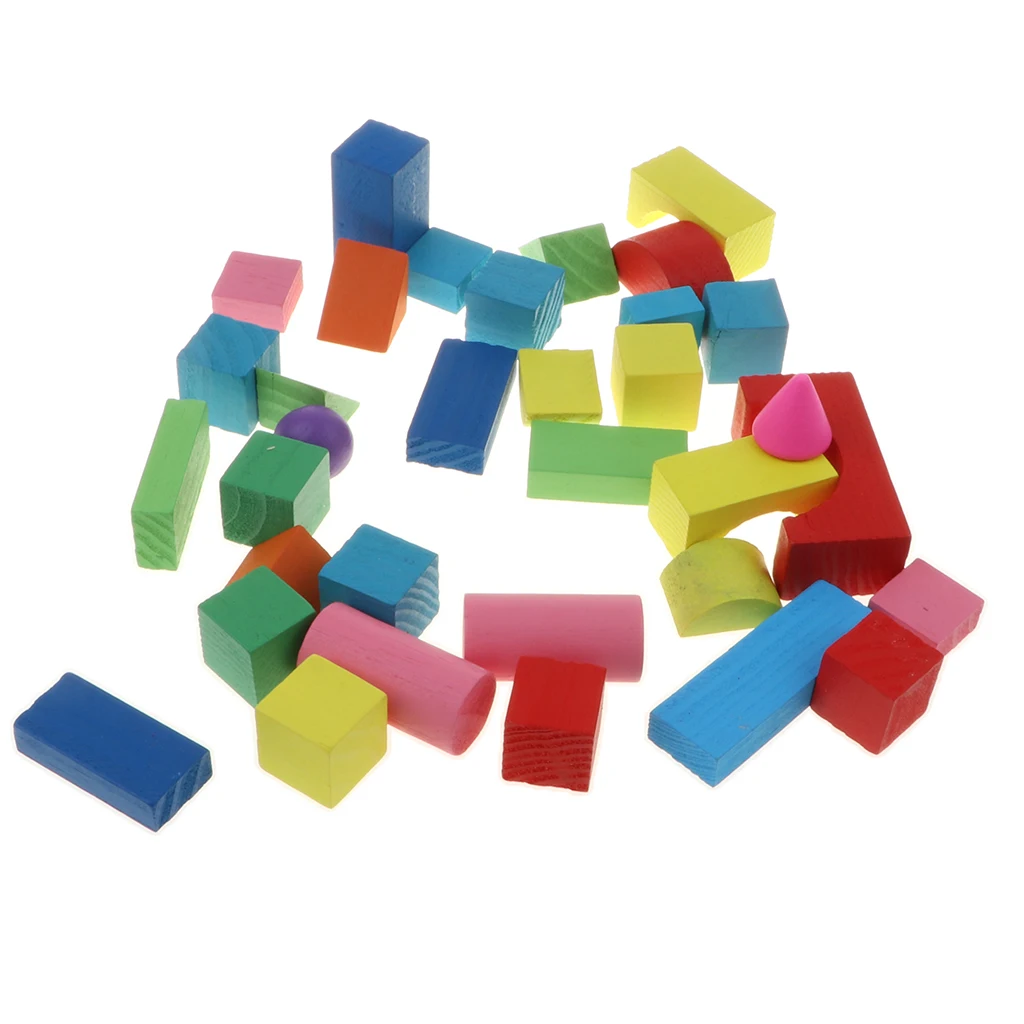 34Pcs Classic Wooden Building Blocks Set w/Basic Build & Play Stacking Toy